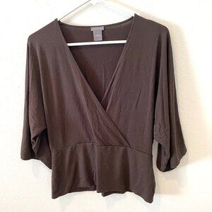 Ann Taylor Women's Faux Wrap V-Neck Pull Over Top   Brown   Size: S